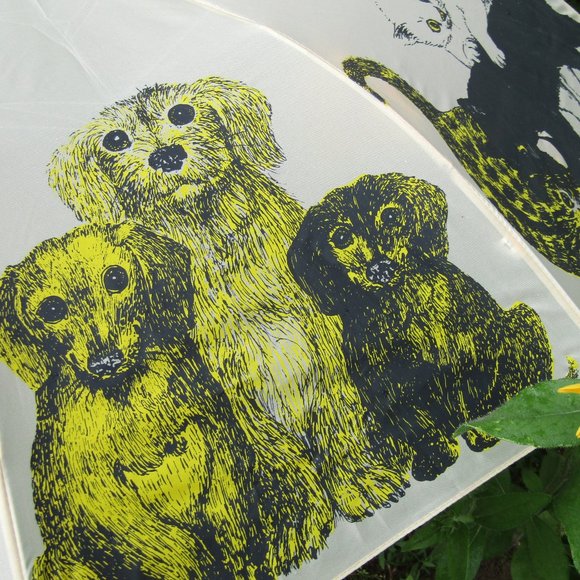 Vintage Umbrella Raining Cats and Dogs Cute Print with Tote 1970s Corgi Collie - Picture 5 of 9